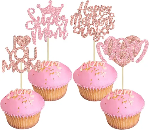 Miniatura 22 de Gyufise 1 pieza de decoración de pastel para el Día de la Madre con purpurina de corazón Love You Mom Cake Pick Rose Flower Best Mom Cupcake Decor
