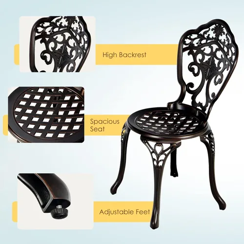 Miniatura 4 de Giantex Juego de 3 piezas de patio bistró, mesa y sillas de patio de aluminio fundido con pies ajustables, sillas de comedor al aire libre y juego