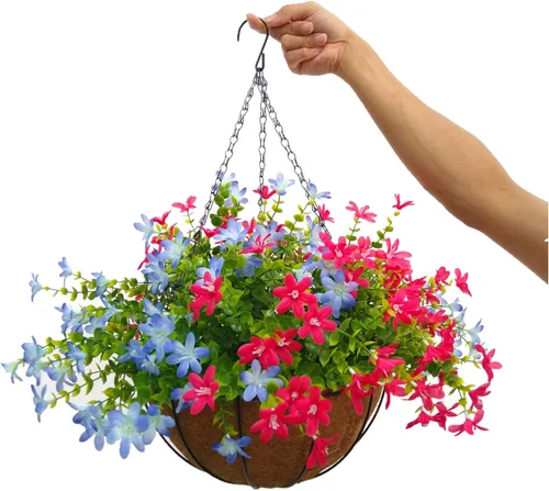 Miniatura 8 de Cesta colgante de cadena grande de 12 pulgadas para el hogar, boda, fiesta, porche, jardín, cadena colgante, magnolias artificiales de seda (rojo)