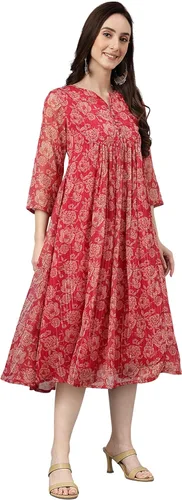 Miniatura 3 de Janasya Indian - Vestido acampanado de gasa rosa oscuro con estampado floral lúrex para mujer