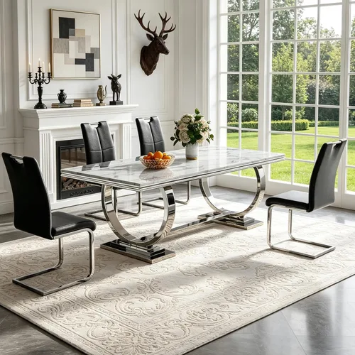 Miniatura 65 de 5 Piece Black Marble Dining Table Set for 4, Modern Faux Marble Kitchen Dining Room Tables with 4 Leather Chairs Set, 68.11" Luxury Rectangular