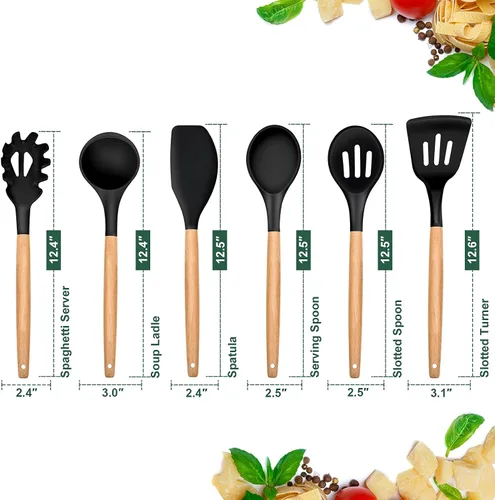 Miniatura 2 de E-far Juego de 6 utensilios de cocina de silicona con mango de madera, utensilios de cocina antiadherentes y resistentes al calor, incluye Negro