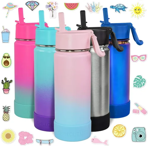 CHILLOUT LIFE - Botella de agua aislada de 17 onzas con tapa con pajilla para niños, a prueba de fugas y bonitas calcomanías impermeables, termo de