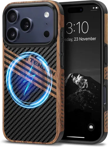 Miniatura 11 de TENDLIN Compatible con iPhone 17 Pro Max Funda de madera con textura de fibra de carbono Diseño de cuero híbrido delgado (negro)