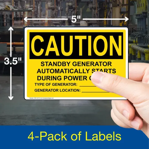Miniatura 2 de ComplianceSigns. com PRECAUCIÓN El generador de espera comienza automáticamente la etiqueta de OSHA, 5x3.5 pulgadas 4-Pack de vinilo
