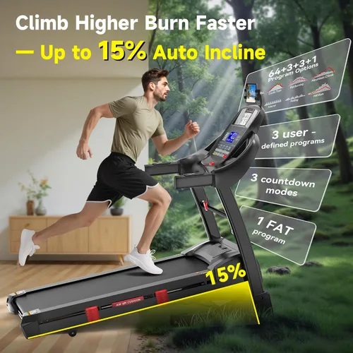 Miniatura 2 de Cinta de correr con inclinación automática del 15% de capacidad de 400 libras, máquina de correr plegable de 5.1 HP para el hogar con mango