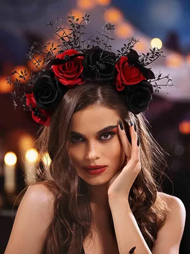 Miniatura 4 de Woeoe Diadema de Halloween FLower con diseño de araña, Día de los Muertos, diseño floral, para disfraz de murciélago y fiesta para mujeres y niñas