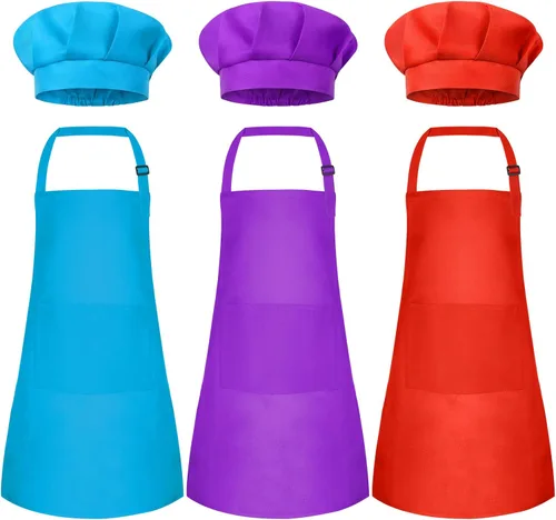 Miniatura 12 de Conjunto de Delantal y Gorro de Chef para Niños, Delantal Infantil Ajustable con 2 Bolsillos, para Niños Chef y Pintura, Cocinar, Hornear