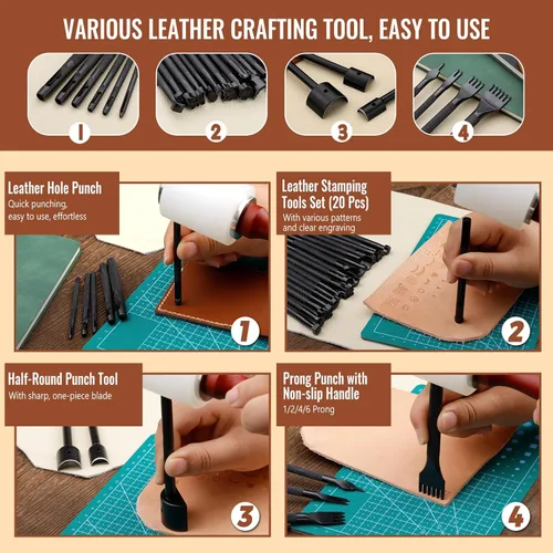 Miniatura 5 de Kit de herramientas de trabajo de cuero, kit de herramientas de cuero con caja de almacenamiento de doble capa, kit de costura resistente