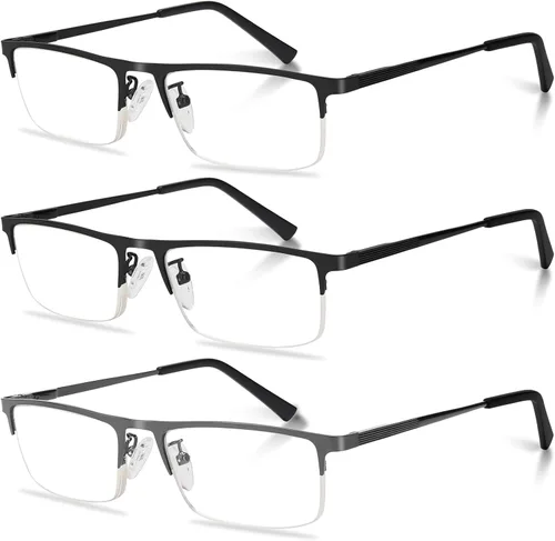 Miniatura 9 de Paquete de 3 lentes de lectura para hombre, ligeros de metal medio marco de metal con bloqueo de luz azul, lectores de computadora