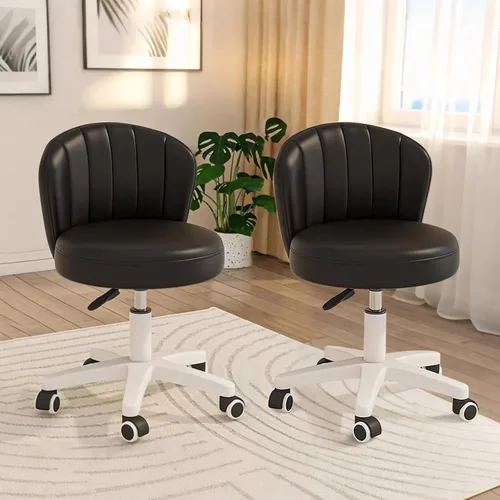 Miniatura 12 de Silla de escritorio pequeña festoneada con respaldo, bonita silla de tocador enrollable sin brazos con piel sintética, cómodas sillas de oficina Gris
