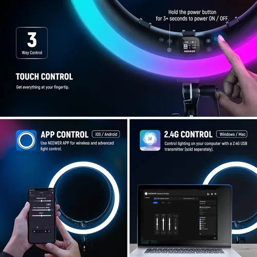Miniatura 2 de NEEWER Anillo de luz LED RGB de 19 pulgadas con soporte, 3 soportes para teléfono, panel táctil, control de 2.4G/aplicación, 42W CRI97+ 2800lux/1.6