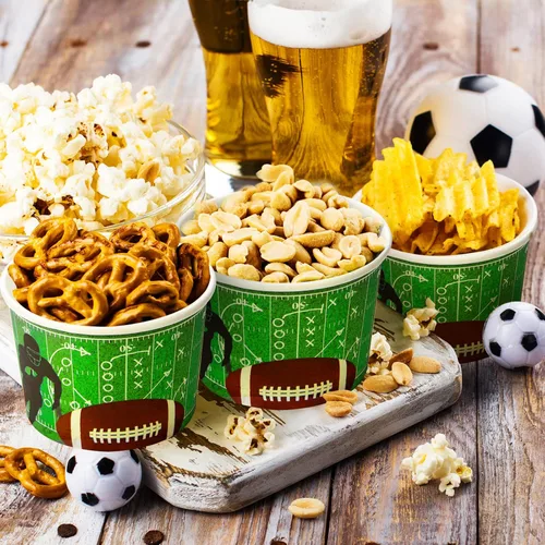 Miniatura 6 de Cuencos de fútbol para el día del juego, vasos de papel de 9 onzas y cubo desechable para cena en el portón trasero (48 piezas, estilo genial)