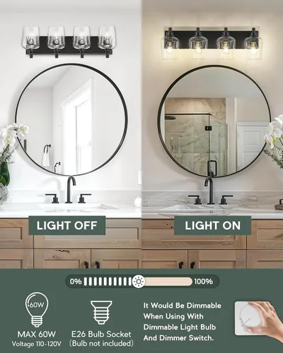 Miniatura 5 de Lámparas de baño, lámpara de tocador moderna de 4 luces con pantalla en forma de copa de vino de vidrio transparente, accesorios de iluminación Negro