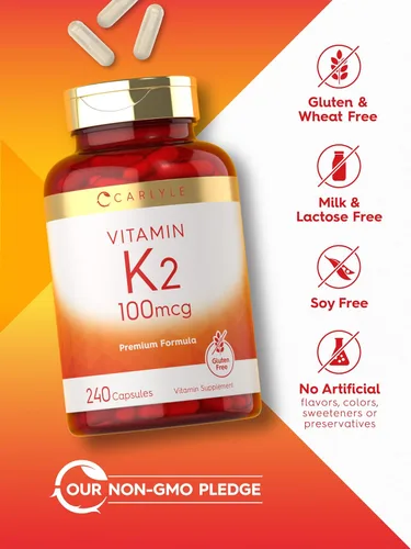 Miniatura 5 de Suplemento de vitamina K2 Carlyle 100 mcg K2 MK-4 240 cápsulas Sin OGM y sin gluten