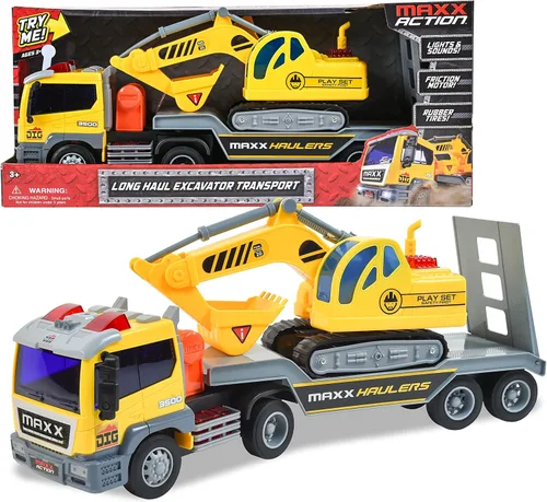 Miniatura 2 de Maxx Action Transporte de vehículos de 17 pulgadas con excavadora - Luces brillantes y sonidos de construcción Remolque alimentado por fricción