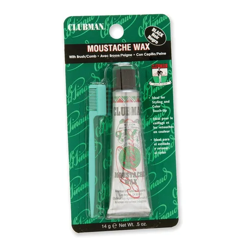 Clubman Cera para bigote para hombre, color negro, cera de bigote de sujeción fuerte para peinar, incluye cepillo, 0.5 onzas