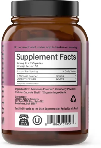 Miniatura 3 de Complete Natural Products Cápsulas orgánicas de D-manosa y arándano de 520 mg 100 unidades Soporte UT a base de plantas Vegano, sin OMG