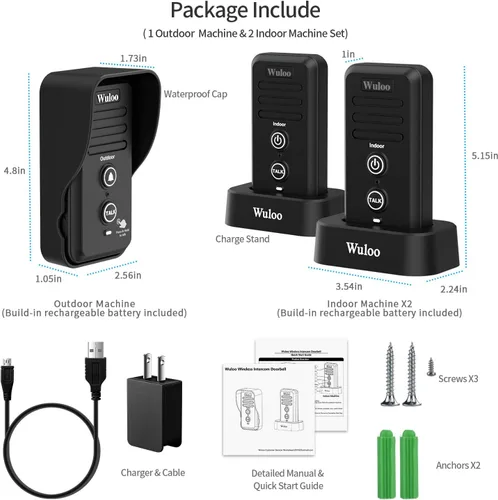 Miniatura 2 de Wuloo Timbre de intercomunicador inalámbrico para aula en casa, timbre electrónico impermeable con rango de 1/2 milla, 3 niveles de volumen, batería