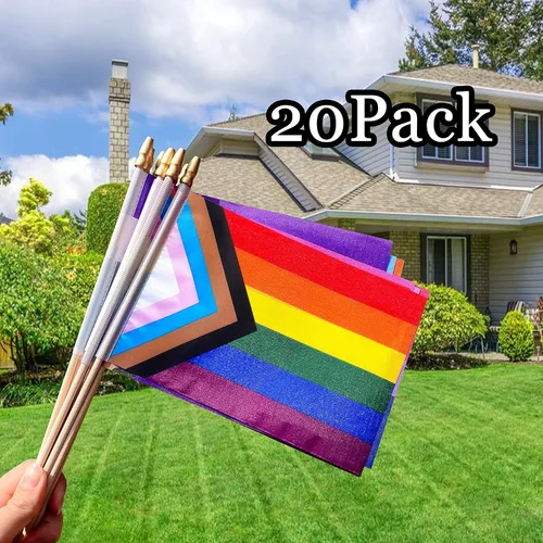 Miniatura 6 de Progress Rainbow - Juego de banderas de orgullo gay en palo de madera, pequeñas banderas de mano LGBTQ Inlcusivas, 5 x 8 pulgadas, paquete de 20