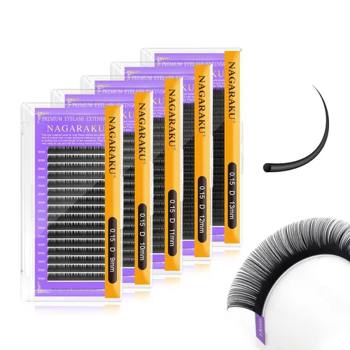 Miniatura 13 de NAGARAKU Extensiones de pestañas, pestañas individuales, 0.05mm, rizo D, 15mm, clásico, negro mate, suave, natural, profesional, 16 filas, 0.05-D