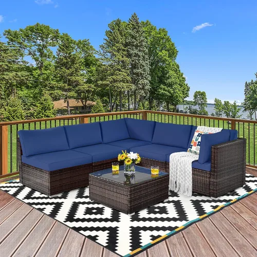Miniatura 4 de Tangkula Juego de muebles de patio de 6 piezas, juego de conversación de mimbre para exteriores con mesa de café de cristal, juego de sofá de mimbre