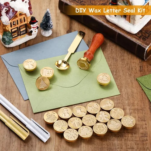Miniatura 6 de Juego de 8 sellos de cera para Navidad, Halloween, mango de madera, cuchara de fusión, 2 bolígrafos metálicos para decoración de sellos de cera