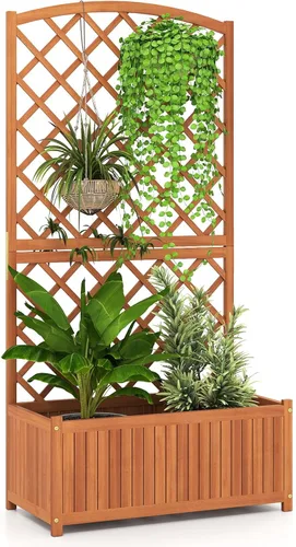 Miniatura 15 de Maceta de Jardín de Madera Giantex con Enrejado, Cama Elevada de 180 cm para Jardín, Enrejado Alto para Plantas Trepadoras y Flores, Maceta