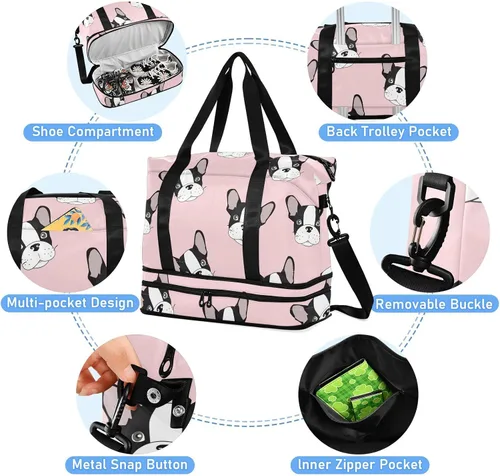 Miniatura 5 de Bolsa de viaje deportiva de bulldog francés para mujeres y hombres, bolsa de gimnasio con compartimento para zapatos, bolsillo húmedo, bolsas