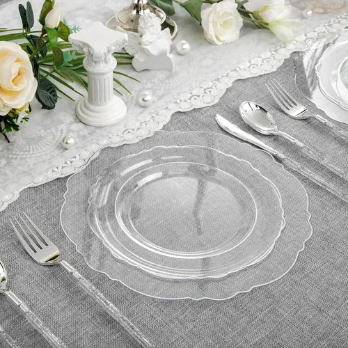 Miniatura 8 de Liacere - 150 platos de plástico plateado transparente y cubiertos desechables de plástico plateado con mango de bambú con purpurina - Platos