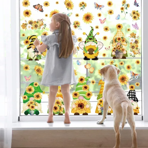 Miniatura 7 de Whaline Calcomanías para Ventana de Primavera Verano Gnomo Girasol Calcomanías de Ventana de Doble Cara Acuarela Mariposa Flor Calcomanía Pegatina