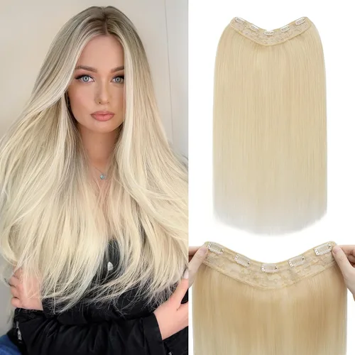 Miniatura 13 de Benehair Extensiones de cabello humano real de una pieza con clip, 3/4, cabeza completa, en forma de V, trama más gruesa, malla de encaje, Negro
