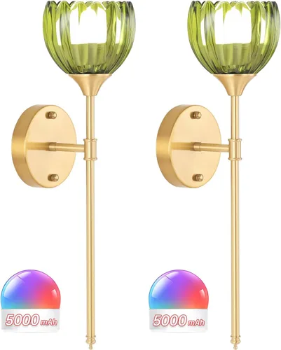 Miniatura 13 de Shenmoyl Juego de 2 lámparas de pared operadas por batería, lámpara de pared vintage de tulipán ámbar con batería recargable de 5000mAh con control