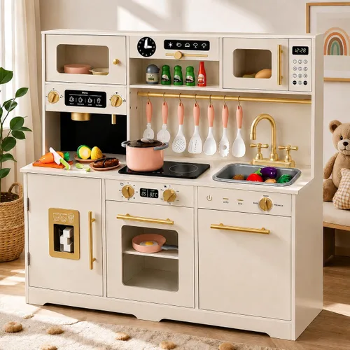 Juego de cocina para niños, juego de cocina de juguete de madera con electrodomésticos y almacenamiento inteligente, juego de cocina para niños con