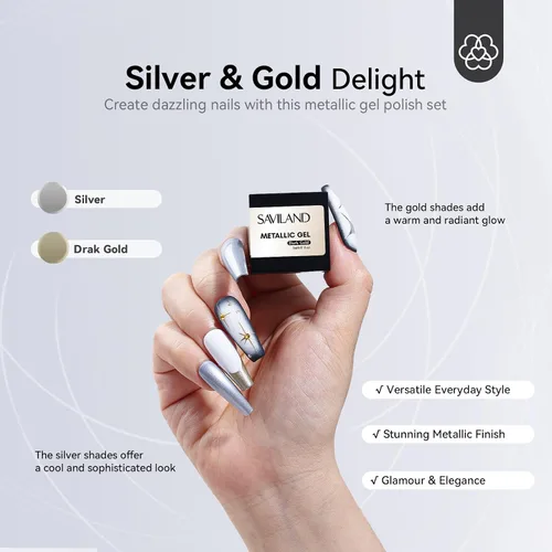 Miniatura 5 de SAVILAND Juego de esmaltes de uñas de gel metálico: esmalte de gel cromado plateado y dorado, pintura de metal 3D, esmalte de uñas de espejo