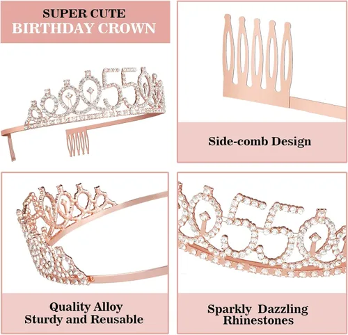 Miniatura 4 de Decoraciones de cumpleaños de 55 años para mujer, que incluyen banda, tiara, velas numéricas y adorno para pastel; regalos de cumpleaños de 55 años