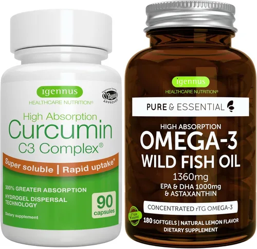 Igennus - Aceite de pescado silvestre Omega-3 de alta absorción de 1360 mg + paquete de complejo de curcumina C3 de alta absorción, 1000 mg de EPA y