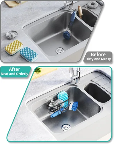 Miniatura 6 de HapiRm Organizador de esponja multifuncional con forma única en M, 2 métodos de instalación, organizador de fregadero de cocina, organizador