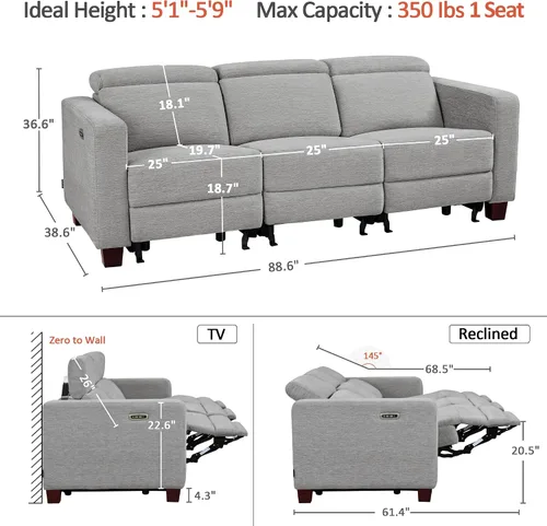 Miniatura 3 de MCombo Sofá Reclinable de 88.6'', Sofá Reclinable Eléctrico Wall Hugger con Reposacabezas Ajustable, Puertos de Carga USB A y C, Patas de Madera