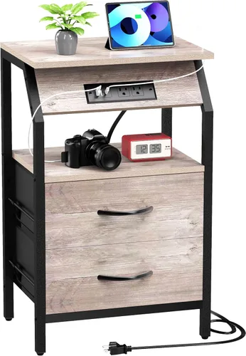 Miniatura 9 de SZLHANJZ Mesa auxiliar con luz, mesita de noche LED con 2 cajones y estación de carga tipo C, mesita de noche de tela pequeña para mesita de noche