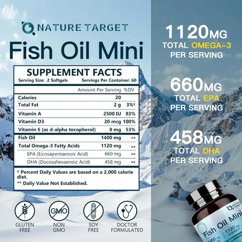 Miniatura 2 de NATURE TARGET Aceite de pescado Mini 1400 mg, suplemento Omega 3 de alta potencia con vitaminas A y D3 y E, apoya el corazón, el cerebro