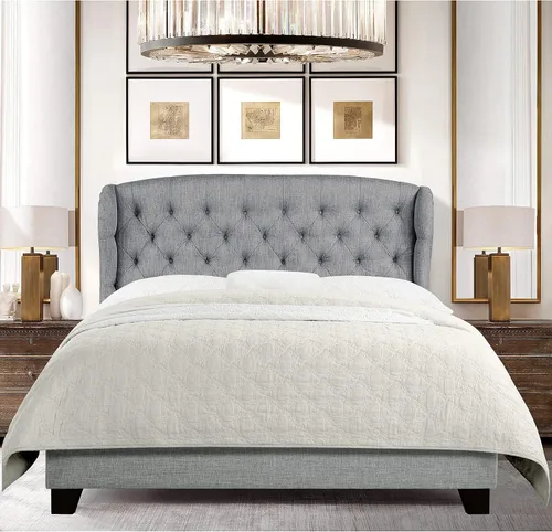Miniatura 13 de Rosevera Josie Wingback - Base de cama con cabecera capitoné de altura ajustable, marco de cama tapizado de tela, soporte de listones de madera