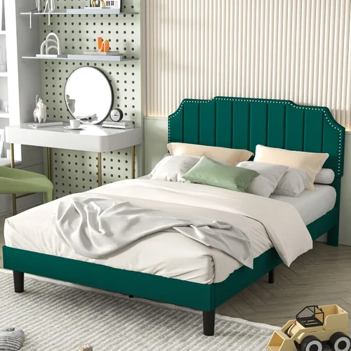 Miniatura 18 de VECELO Base de cama tapizada de terciopelo tamaño Queen con ribete de clavos, cabecera ajustable en altura copetuda, cama vintage con listones
