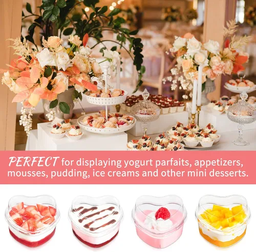 Miniatura 4 de Paquete de 50 tazas de postre en forma de corazón de 5 onzas con tapas y cucharas, mini tazas de postre para servir en fiestas, parfait, queso