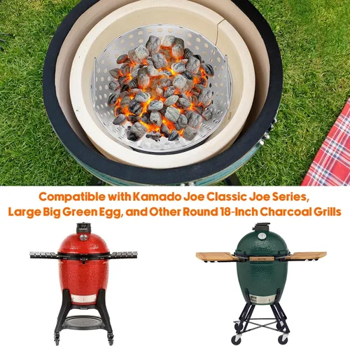 Miniatura 3 de Skyflame - Cesta de carbón de acero inoxidable de 14 pulgadas para parrillas Kamado de 18 pulgadas Nueva versión de diseño de agujeros huecos