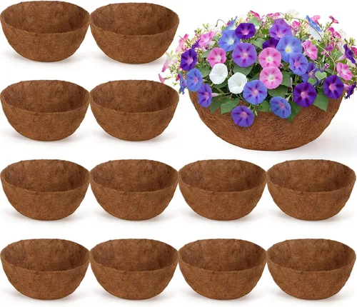 Miniatura 9 de Gerrii 8 forros de coco de 16 pulgadas para cestas colgantes, revestimientos de coco para maceteros redondos naturales de coco y coco, cesta