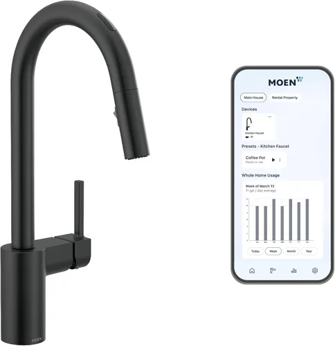 Moen Align Grifo inteligente sin contacto de cocina con rociador desplegable, color negro mate, grifo moderno para fregadero de cocina con control