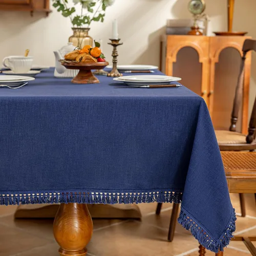 Miniatura 11 de AmHoo - Mantel de lino con borlas y bordado rectangular decorativo para mesa natural para cocina, comedor, buffet de boda, 55 x 55 pulgadas, negro