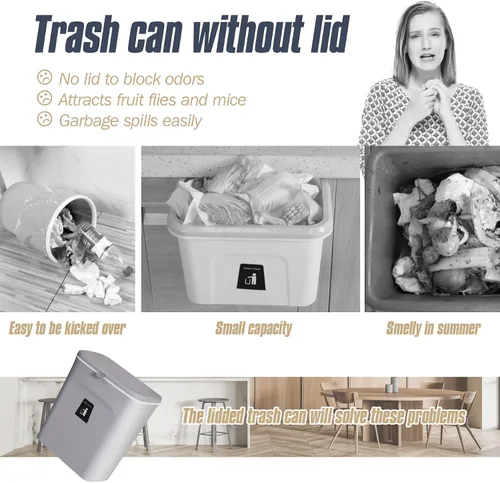 Miniatura 6 de Domiella Cubo de basura colgante de 2.4 galones con tapa, cubo de basura de cocina para encimera o debajo del fregadero, contenedor de basura Gris