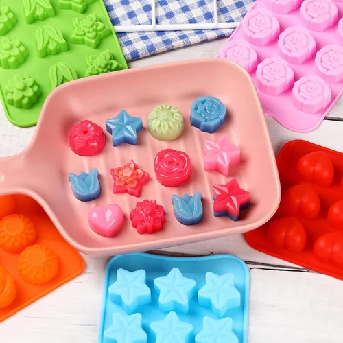 Miniatura 6 de FIRETREESILVERFLOWER Juego de moldes de chocolate con forma de flor, corazón, estrellas, rosa, flores en combinación, molde de silicona para hornear